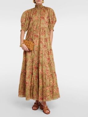 Zimmermann Olive Green and Rust Floral Maxi Dress